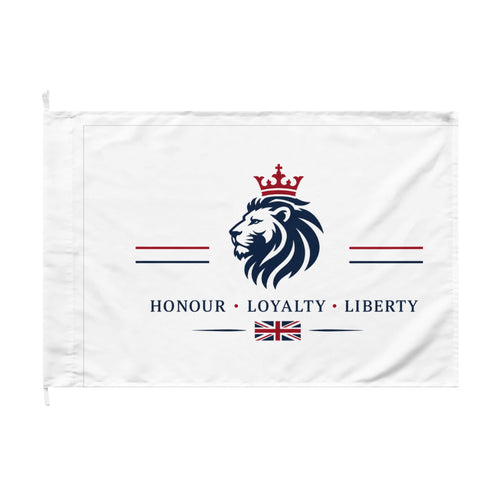 British Patriot Double-Sided Flag — 'Honour • Loyalty • Liberty' Lion & Crown Design