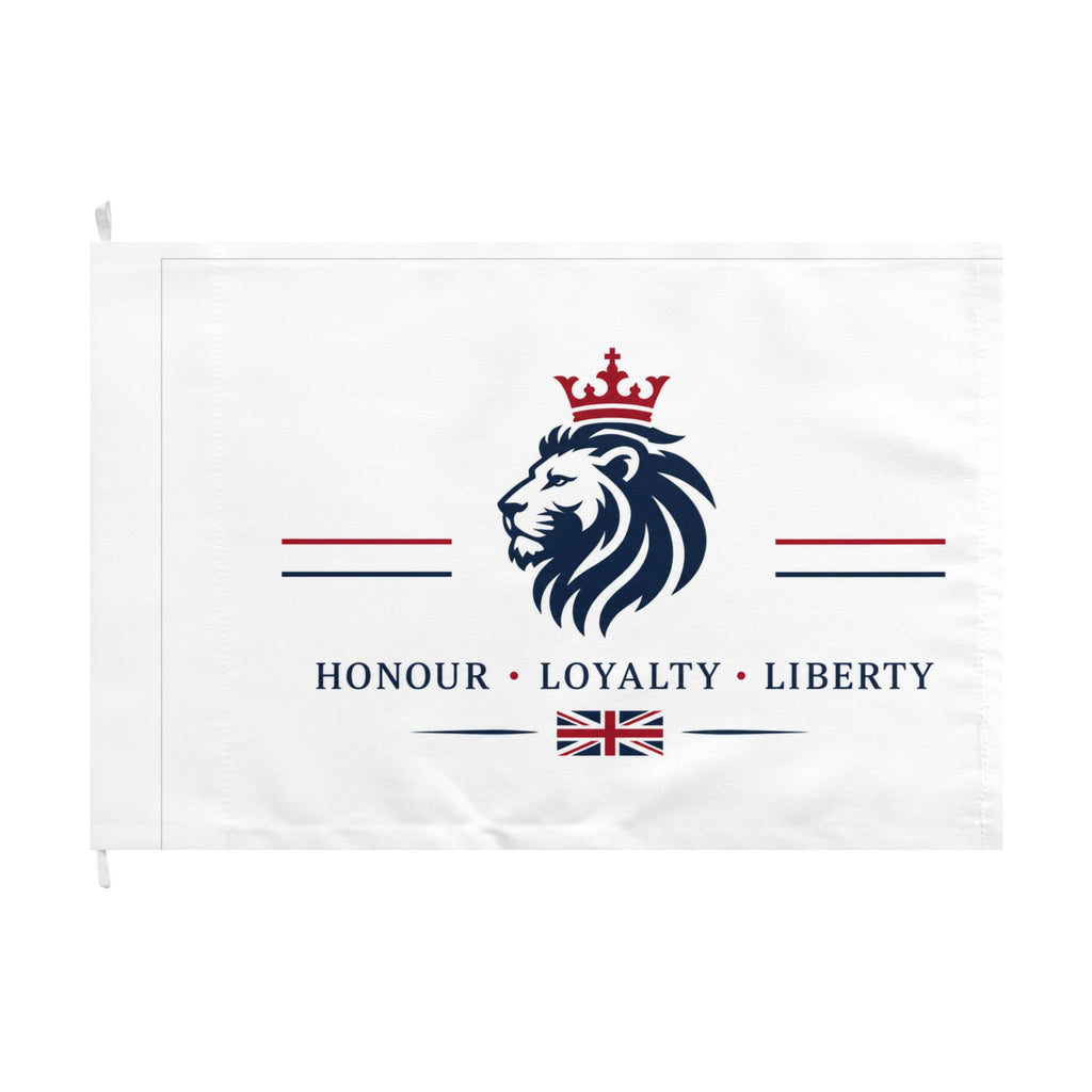 British Patriot Double-Sided Flag — 'Honour • Loyalty • Liberty' Lion & Crown Design