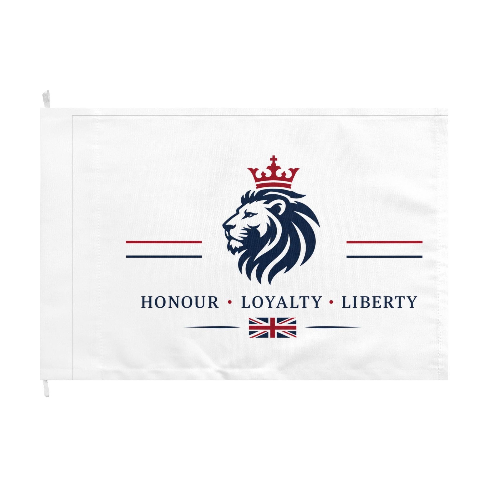 British Patriot Double-Sided Flag — 'Honour • Loyalty • Liberty' Lion & Crown Design